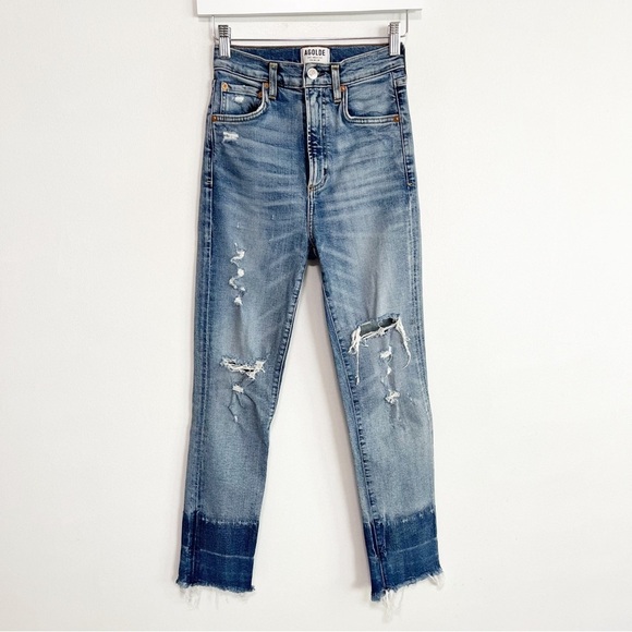 AGOLDE Ruby Super High Rise Slim Straight Jeans Two Tone Distressed 24 - Picture 2 of 8